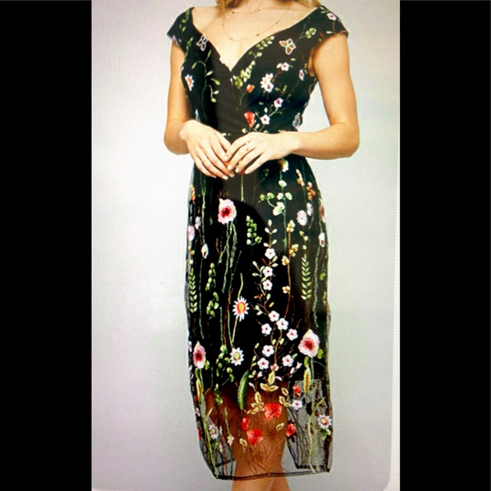 PROMESA Sexy Embroidered Mesh Midi Dress